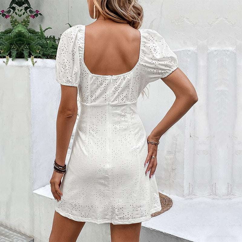 Backless White Dress, Chic Summer Attire, Square Collar Dress - available at Sparq Mart