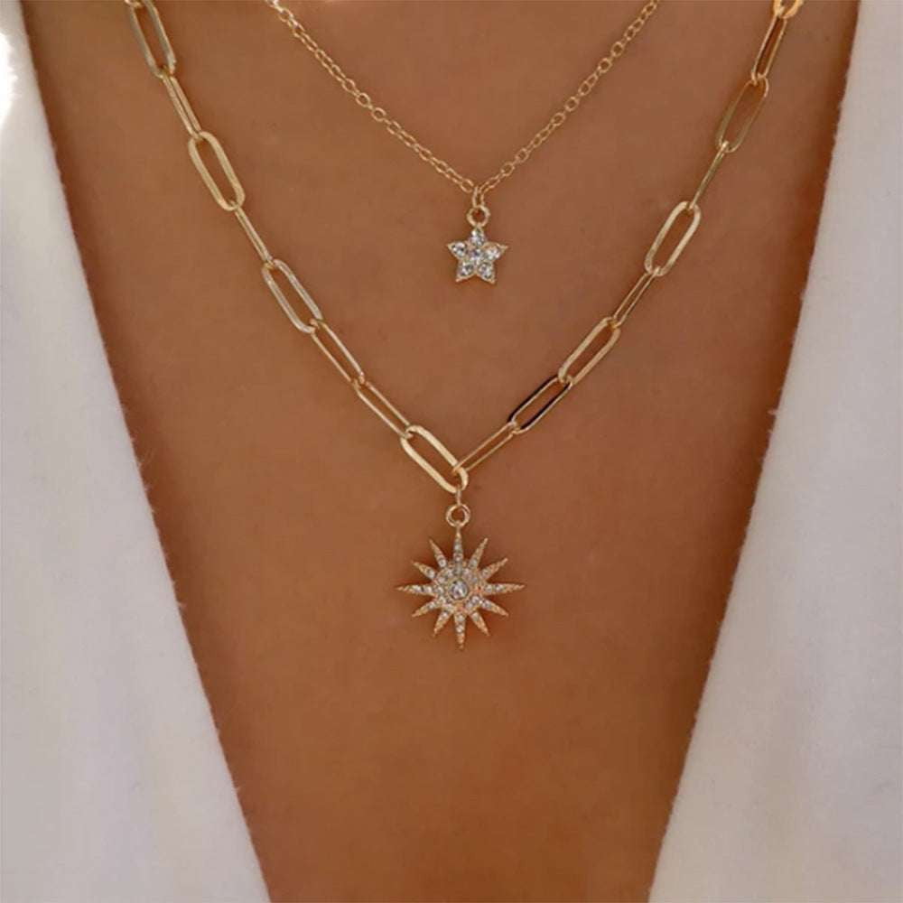 fashionable alloy jewelry, layered star pendant, sunflower chain necklace - available at Sparq Mart