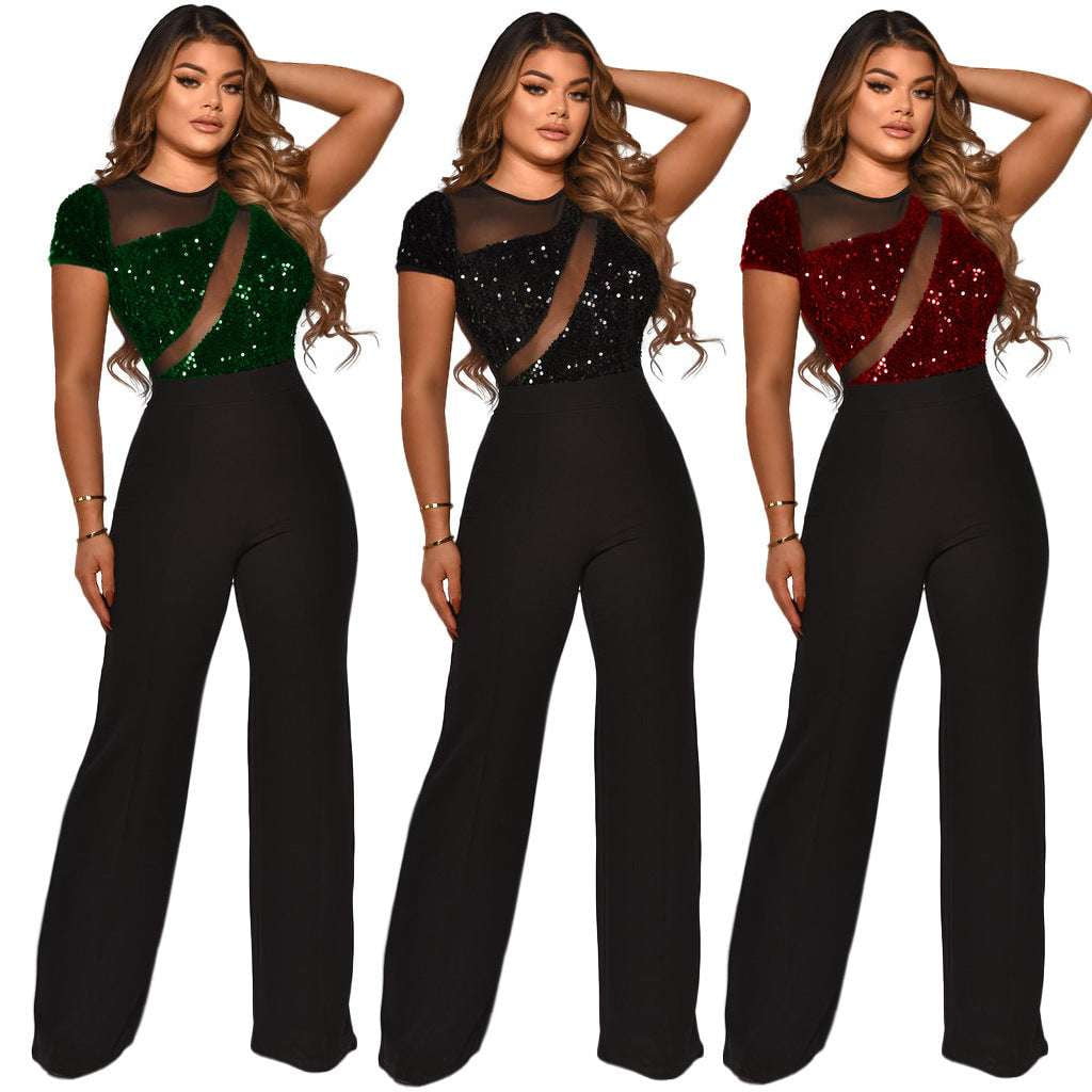 Chic Sleeve Jumpsuit, Elegant Evening Jumpsuit, Sequined Party Outfit - available at Sparq Mart