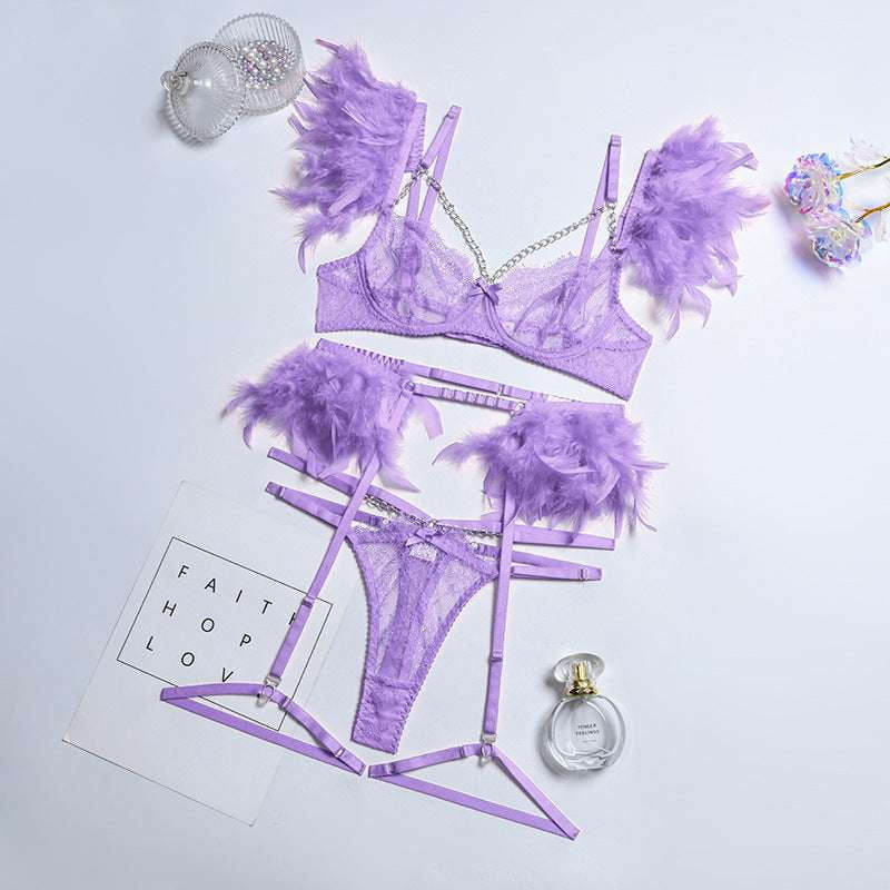 Feather Eyelash Intimates, Lace Lingerie Set, Three-Piece Underwear - available at Sparq Mart