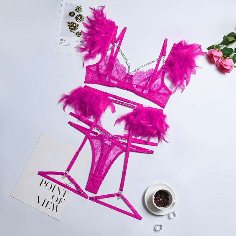 Feather Eyelash Intimates, Lace Lingerie Set, Three-Piece Underwear - available at Sparq Mart