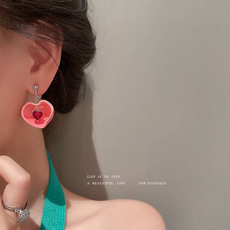 925 Silver Ear-studs, Crystal Love Earrings, Silver Peach Earrings - available at Sparq Mart