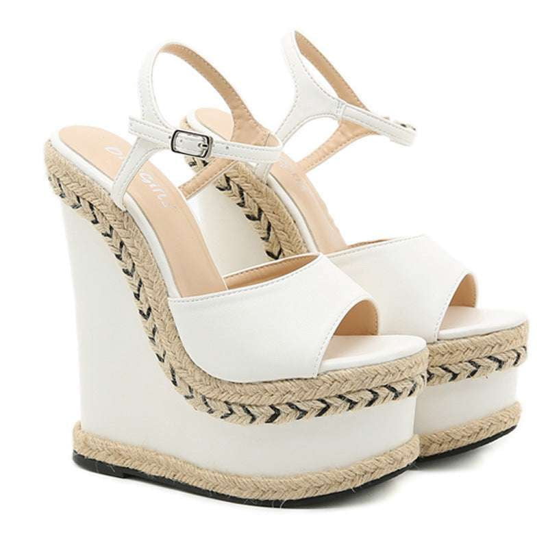 Fairy-style Wedge Sandals, High-heeled Fish-mouth, Straw Woven Sandals - available at Sparq Mart