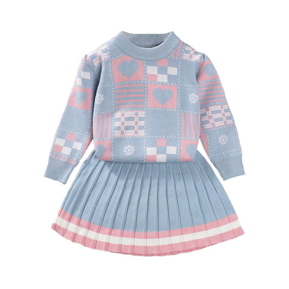 Geometric Pullover Outfit, Girls Sweater Skirt Set, Kids Acrylic Sweater Suit - available at Sparq Mart