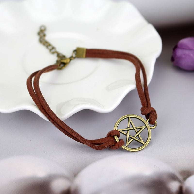 Gold Pentagram Bracelet, Leather Rope Bracelet, Pentagram Charm Bangle. - available at Sparq Mart