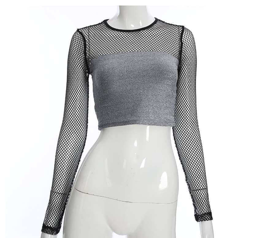 Comfortable Fashion Top, Grey Mesh Top, Patchwork Sleeve Shirt - available at Sparq Mart