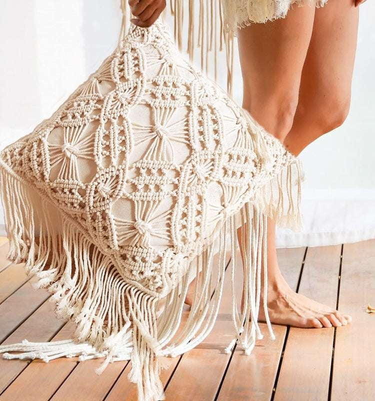 bohemian pillow accessory, cotton rope pillowcase, tassel cushion cover - available at Sparq Mart