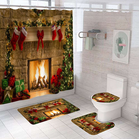 Christmas shower curtain, fireplace shower curtain, four piece suit - available at Sparq Mart