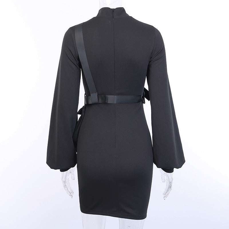 High Waist Elegant Dress, Stand Collar Dress, Streetwear Midi Dress - available at Sparq Mart
