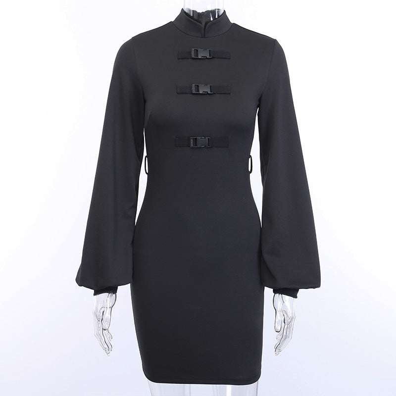 High Waist Elegant Dress, Stand Collar Dress, Streetwear Midi Dress - available at Sparq Mart