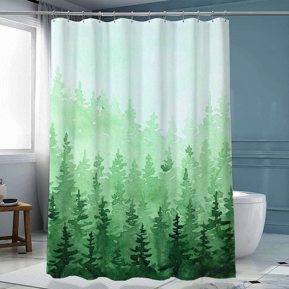 artistic shower decor, ink forest curtain, polyester curtain hook - available at Sparq Mart