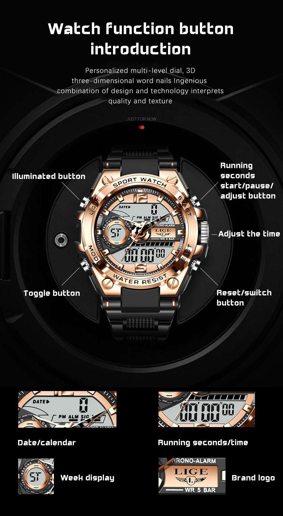 LIGE 8922 Watch, Military LED Watch, Rugged Elegant Watch, Waterproof Digital Watch - available at Sparq Mart