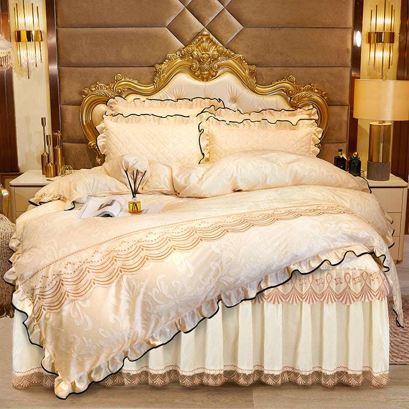 Luxurious bed skirt, Quilted four-piece, Velvet bedding set - available at Sparq Mart