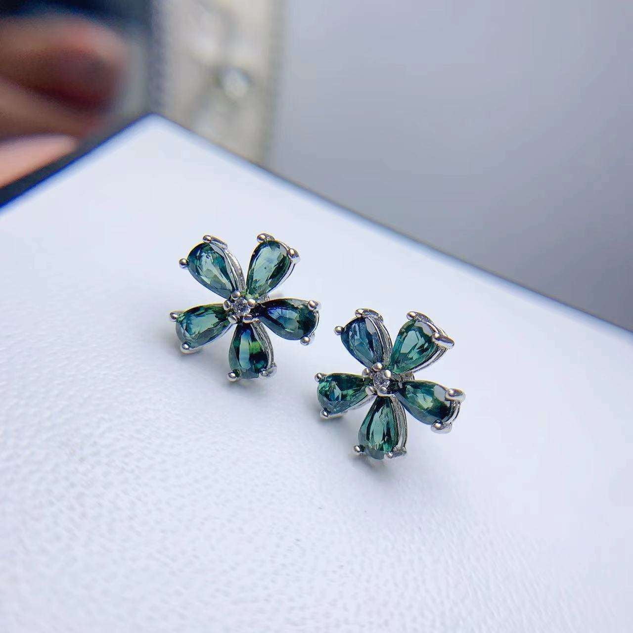 925 Sapphire Studs, Sapphire Flower Earrings, Silver Water Drop Earrings - available at Sparq Mart