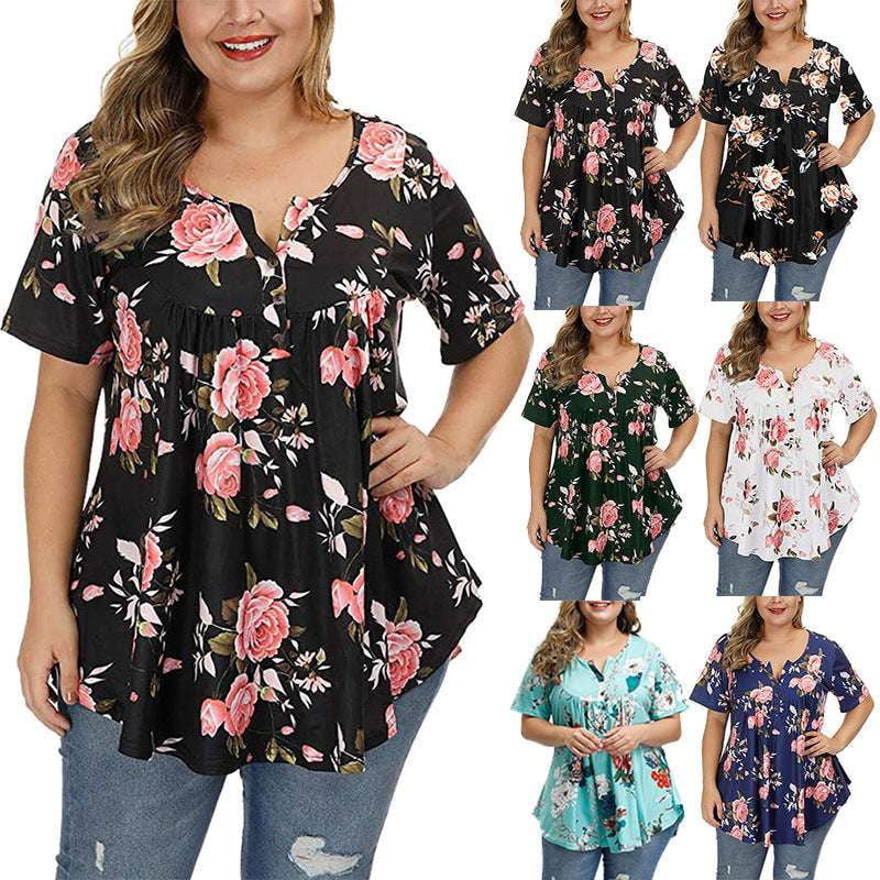 Plus Size Fashion, Printed Sleeve Blouse, V-Neck Floral Top - available at Sparq Mart