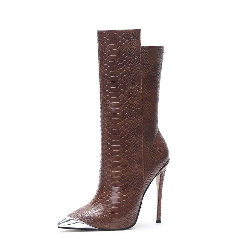 Pointed Heel Booties, Size-Inclusive Footwear, Snakeskin Ankle Boots - available at Sparq Mart