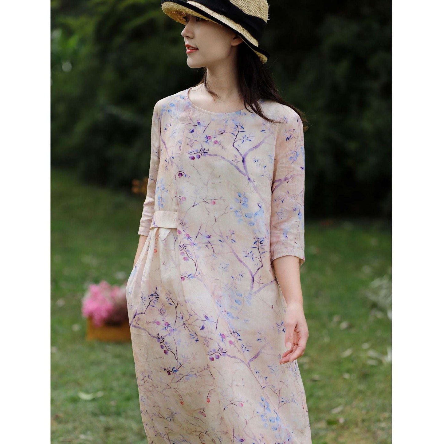 Floral Ramie Dress, Linen Travel Dress, Purple Linen Outfit - available at Sparq Mart