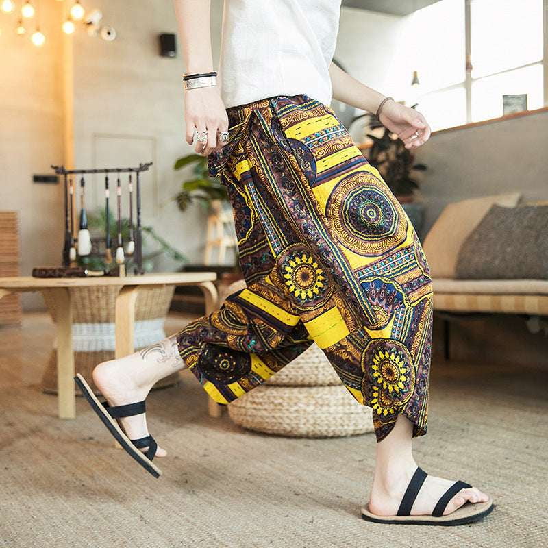 Beach Casual Pants, Men's Cropped Trousers, Retro Print Bloomers - available at Sparq Mart