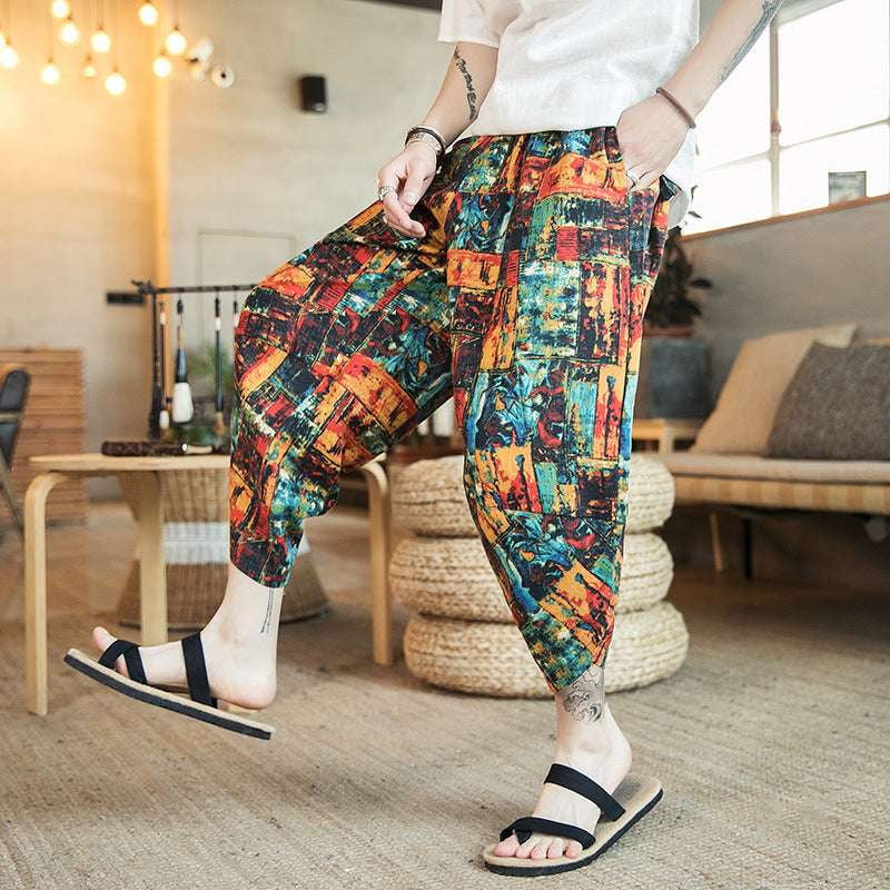 Beach Casual Pants, Men's Cropped Trousers, Retro Print Bloomers - available at Sparq Mart