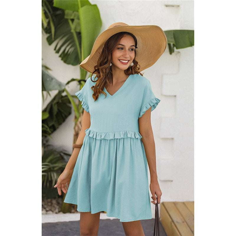 Pleated Skirt Dress, Short Sleeve Dress, Sky Blue Dress - available at Sparq Mart