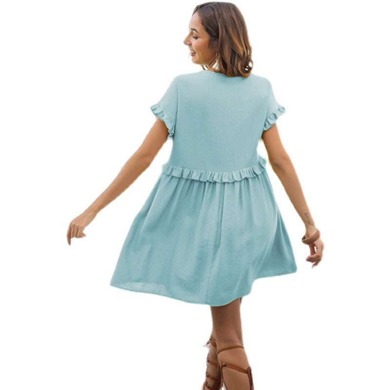 Pleated Skirt Dress, Short Sleeve Dress, Sky Blue Dress - available at Sparq Mart