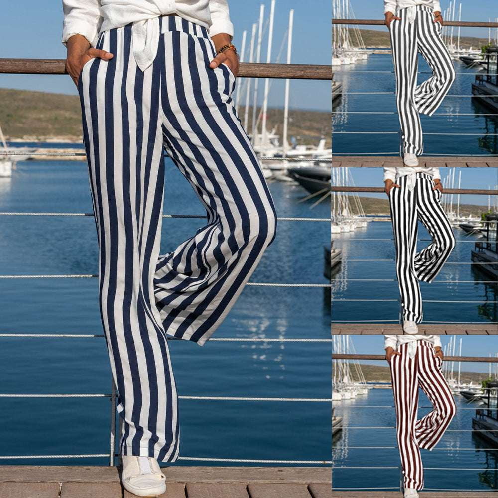 casual striped pants, linen trousers women, loose straight-leg pants - available at Sparq Mart