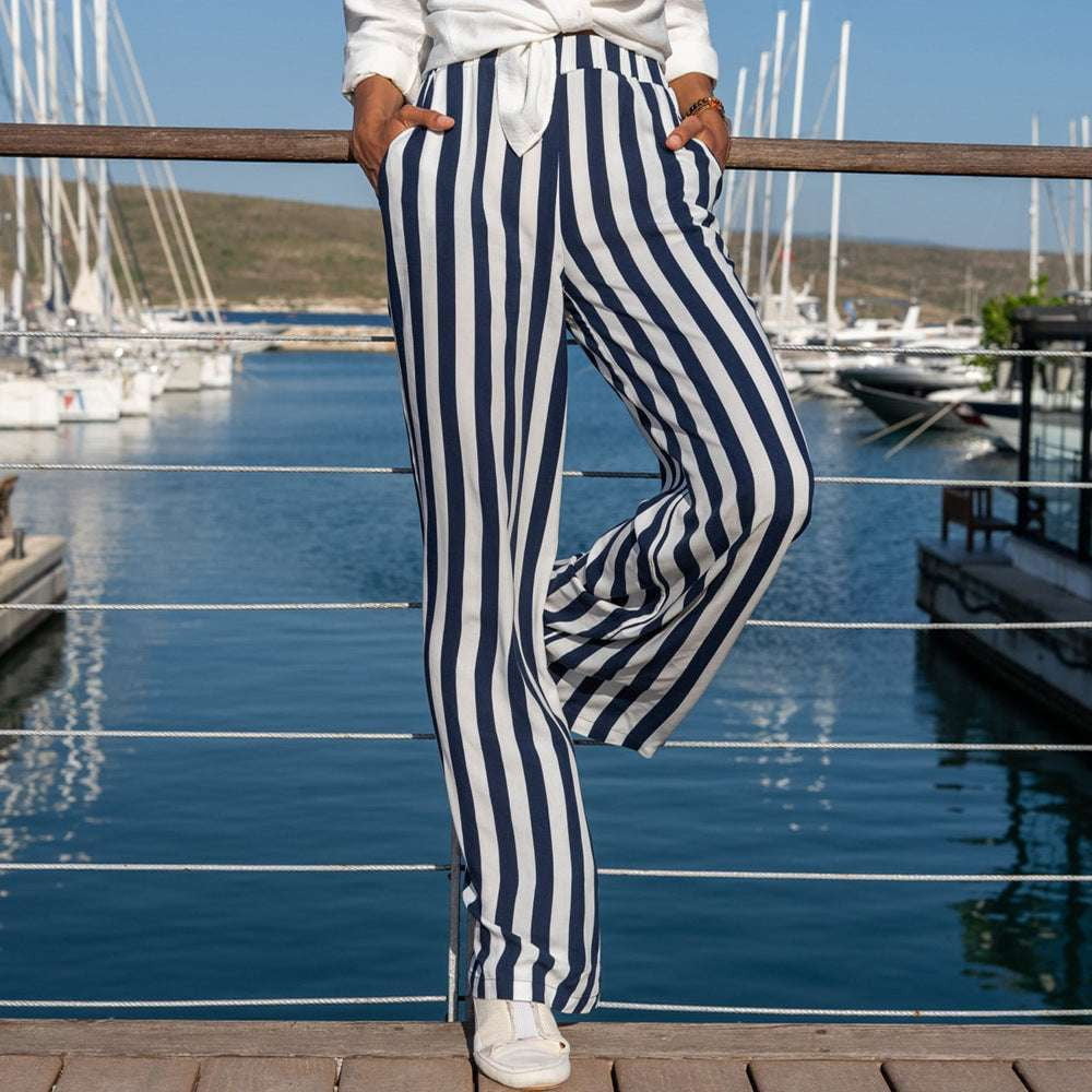 casual striped pants, linen trousers women, loose straight-leg pants - available at Sparq Mart