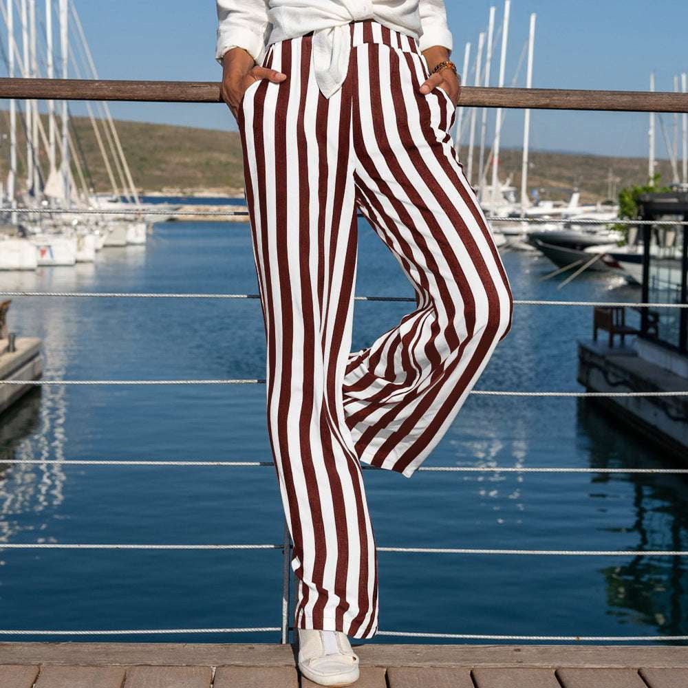 casual striped pants, linen trousers women, loose straight-leg pants - available at Sparq Mart