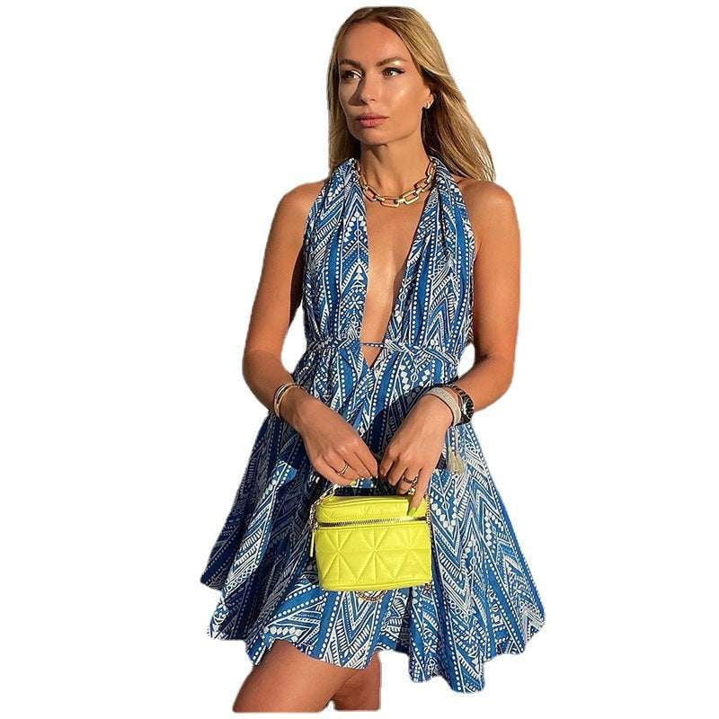 Beach Print Sundress, Summer Halter Dress, Women's Backless Beachwear - available at Sparq Mart