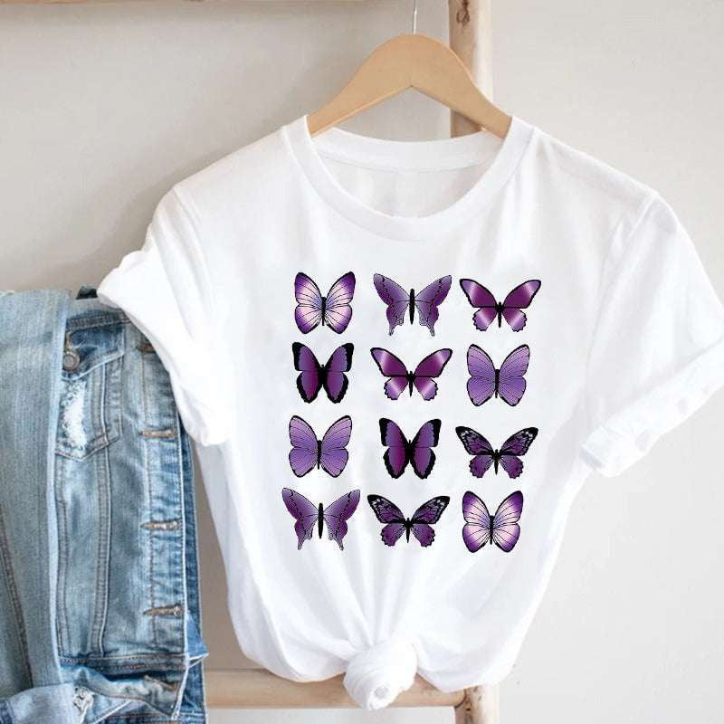 butterfly print top, short sleeve fashion, women's casual tee - available at Sparq Mart
