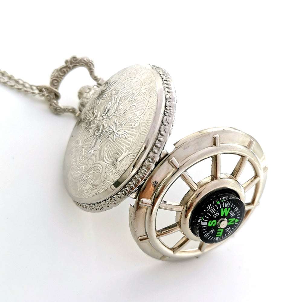 Pocket Watch Necklace, Silver Gun Color, Stylish Compass Necklace - available at Sparq Mart