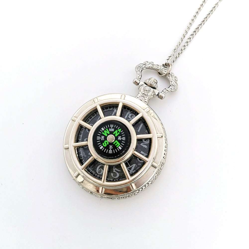 Pocket Watch Necklace, Silver Gun Color, Stylish Compass Necklace - available at Sparq Mart