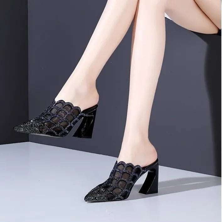 Classy Black Pumps, Mesh Pointed Heels, Thick Heel Shoes - available at Sparq Mart