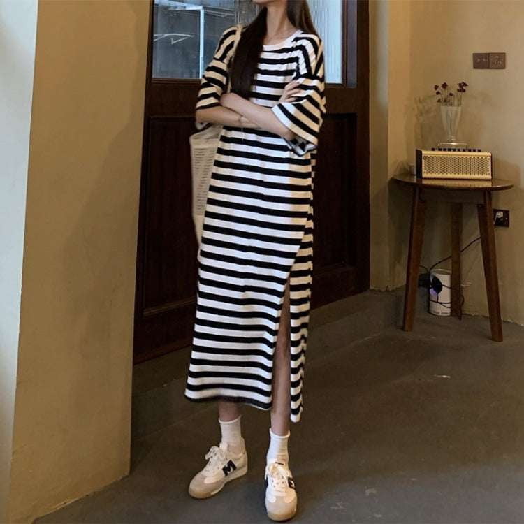 Round Neck Dress, Slim Fit Fashion, Striped Slit Dress - available at Sparq Mart