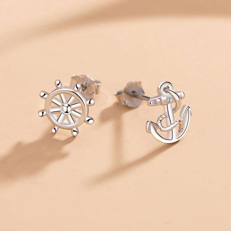 925 silver women's earrings, asymmetrical fashion jewelry, ship anchor rudder earrings - available at Sparq Mart