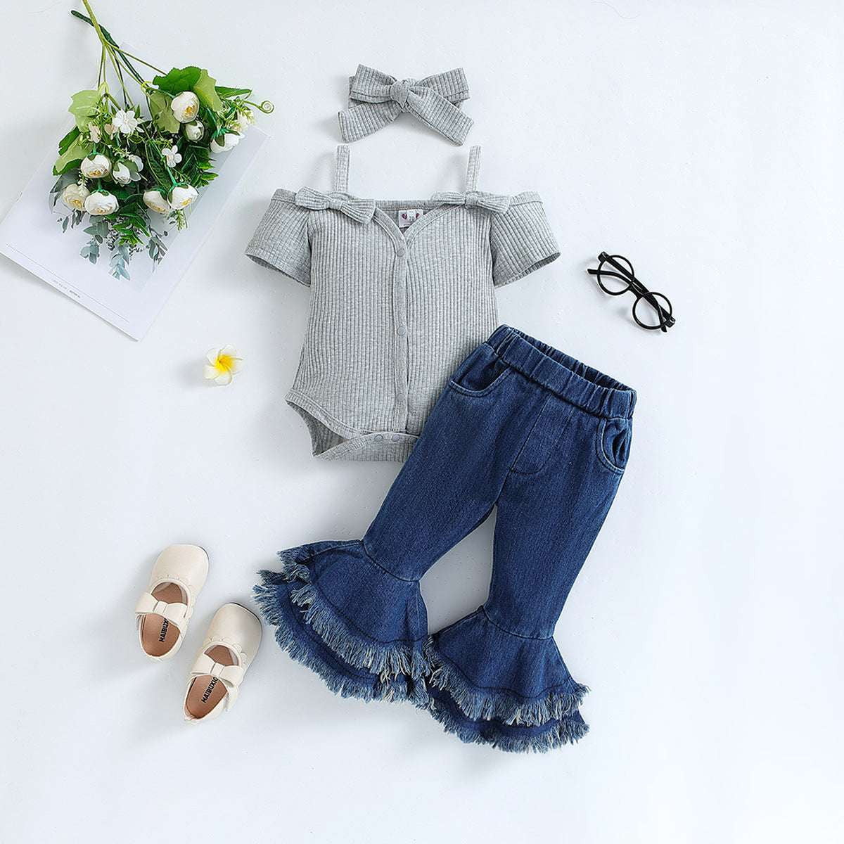 Baby Romper Set, Girls Denim Outfit, Short Sleeve Playsuit - available at Sparq Mart