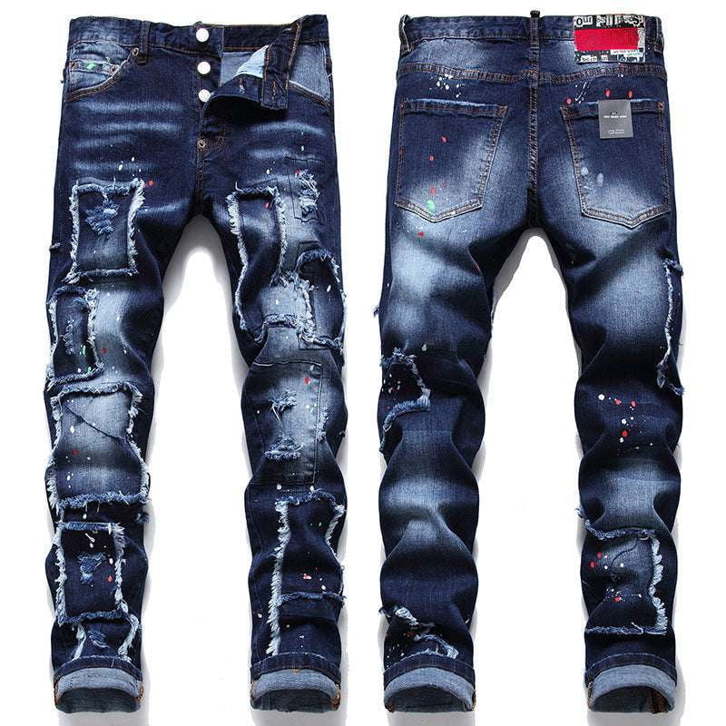 Casual Patched Denim, Men's Beggar Jeans, Stylish Distressed Jeans - available at Sparq Mart