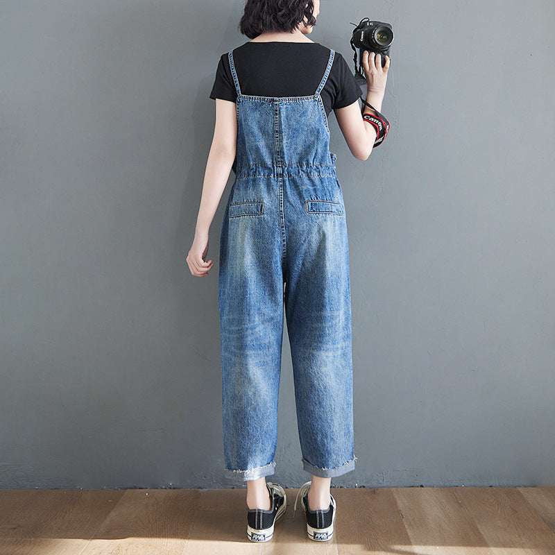 High-Waist Suspender Jeans, Slim Waist Denim Overalls, Urban Leisure Style Overalls - available at Sparq Mart