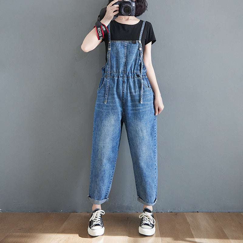 High-Waist Suspender Jeans, Slim Waist Denim Overalls, Urban Leisure Style Overalls - available at Sparq Mart