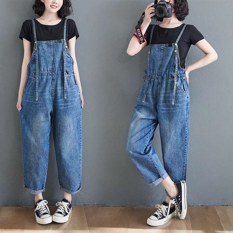 High-Waist Suspender Jeans, Slim Waist Denim Overalls, Urban Leisure Style Overalls - available at Sparq Mart