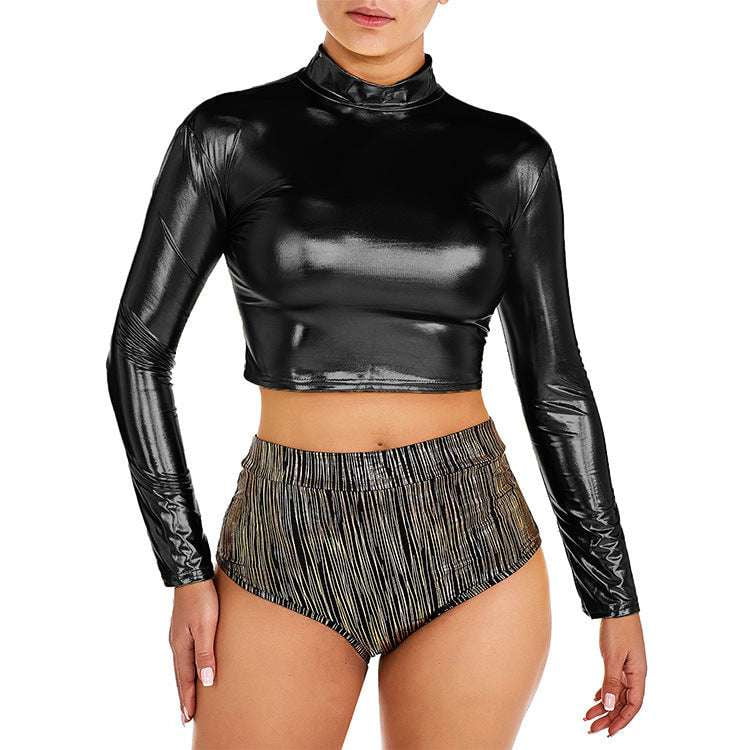 High-Neck Leather Top, Patent Leather Top, PU Leather Top - available at Sparq Mart