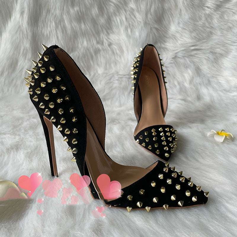 black suede shoes, gold rivet accents, trendy women's shoes - available at Sparq Mart