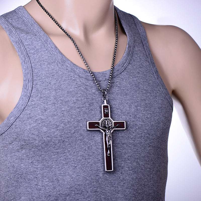 Men's Pendant Necklace, Stainless Steel Cross Necklace, Vintage Wood Grain Ornaments - available at Sparq Mart