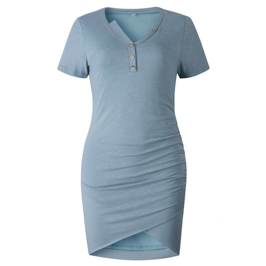 Elastic Waist Midi Dress, Irregular Hem Casual Dress, Summer V-neck Dress - available at Sparq Mart