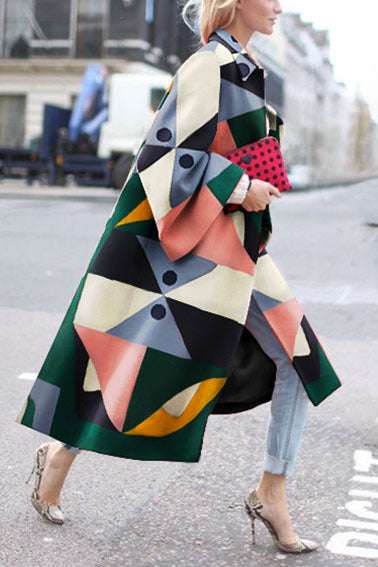 Colorful Long Coat, Geometric Print Windbreaker, Women's Loose Coat - available at Sparq Mart