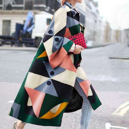 Colorful Long Coat, Geometric Print Windbreaker, Women's Loose Coat - available at Sparq Mart