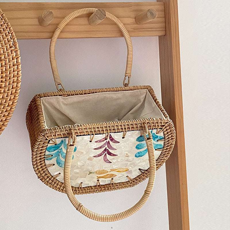 Handmade Picnic Bag, Shell Rattan Storage, Women's Cabas Handbag - available at Sparq Mart
