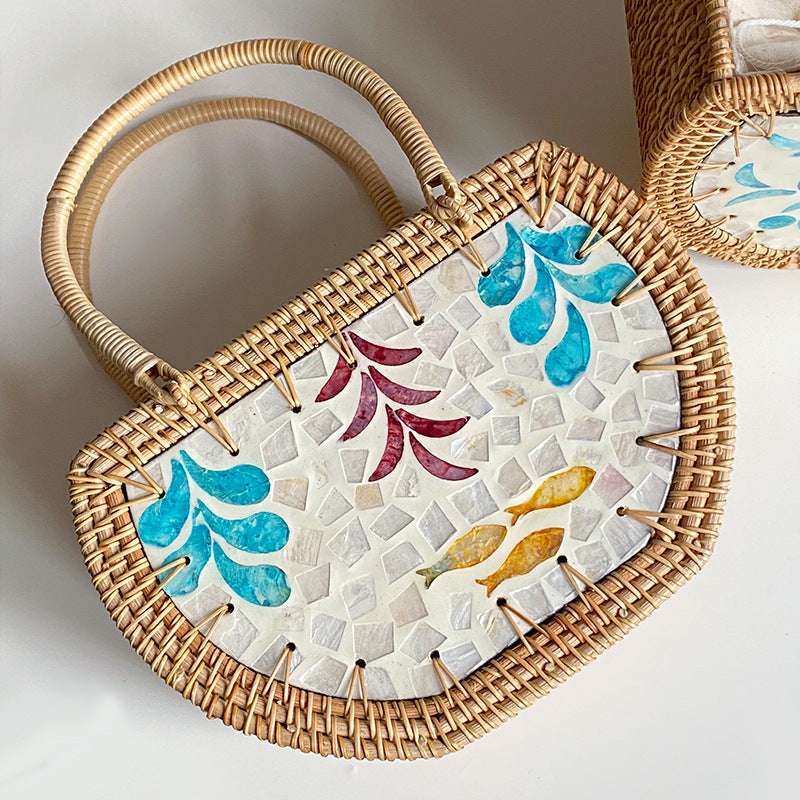 Handmade Picnic Bag, Shell Rattan Storage, Women's Cabas Handbag - available at Sparq Mart