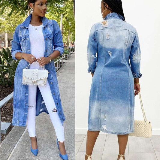 Denim Trench Coat, Ripped Jacket Women's, Trendy Denim Outerwear - available at Sparq Mart