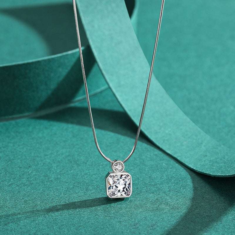 Snake Bone Chain, Square Simulation Diamond, Sterling Silver Pendant - available at Sparq Mart